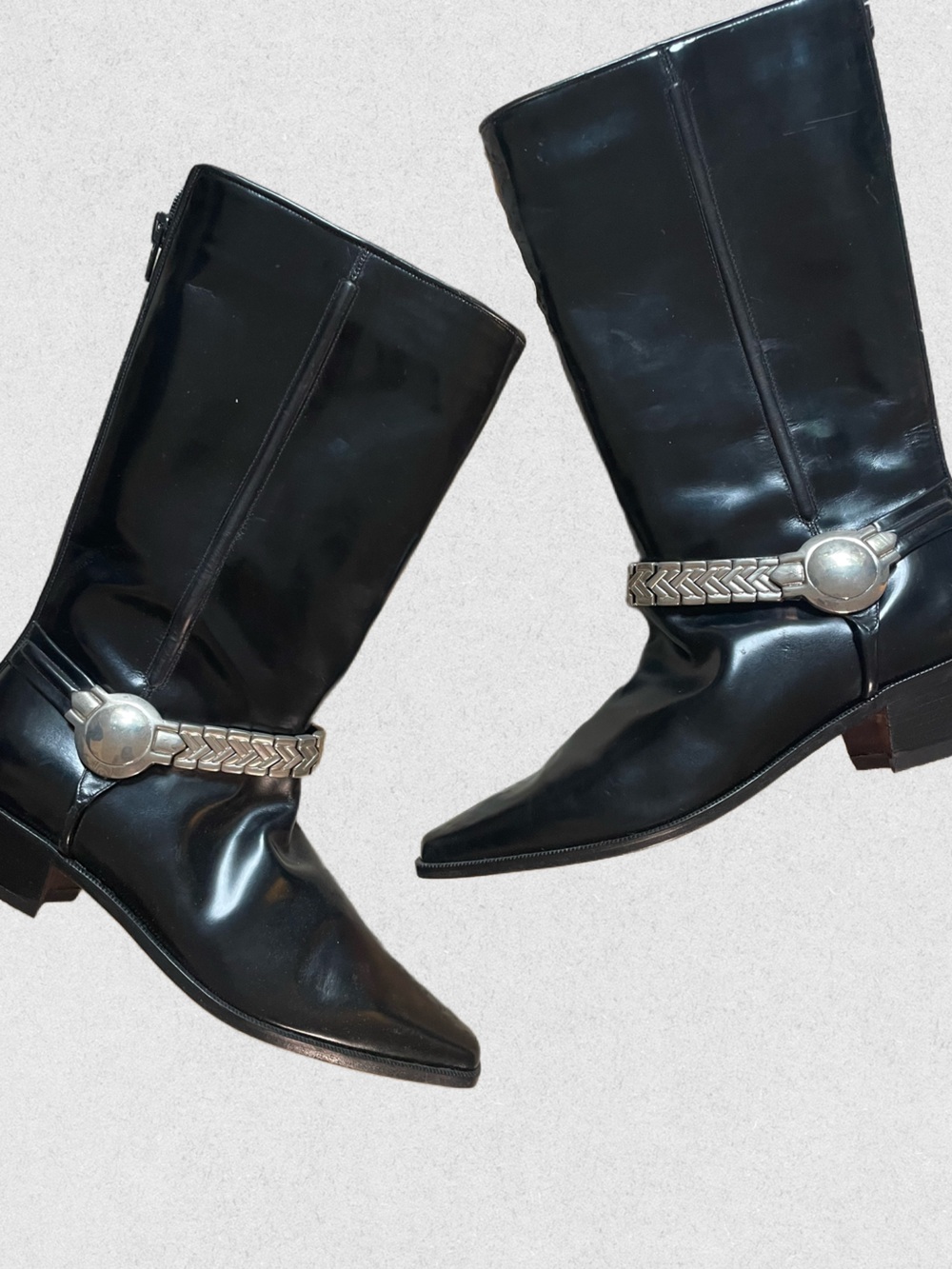 Vintage Via Spiga Black Leather Western Harness Boots with Silver Hardware